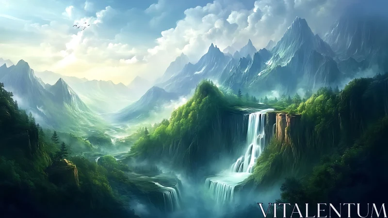 Luminescent alpine valley with tiered waterfalls and mist