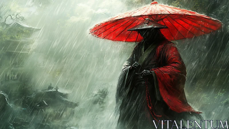 Red-robed samurai under crimson umbrella in storm rain.