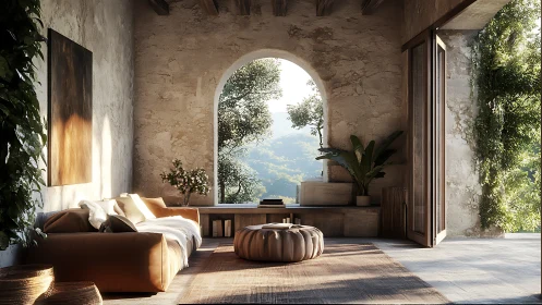 Sunlit rustic living room opens toward lush mountain valley