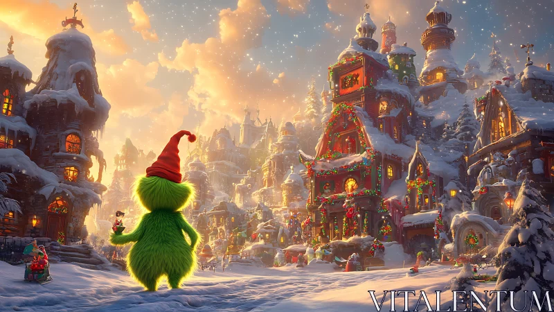 Festive green creature in luminous snowy Christmas village.