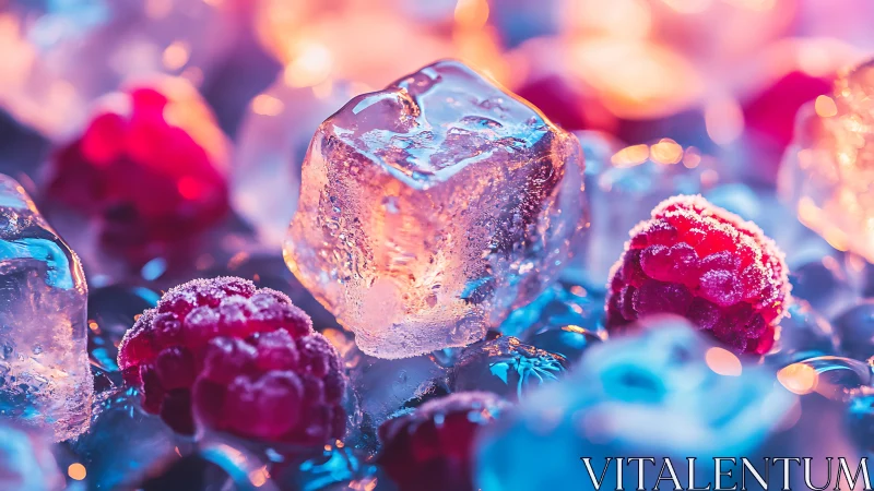 Macro view of raspberries and ice cubes under colored light.