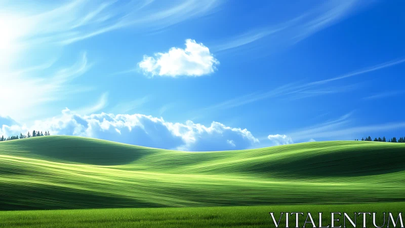 Gentle green hills roll under a bright and calming blue sky