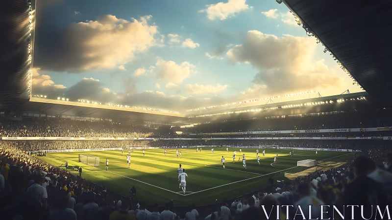 Sunlit football stadium match under dramatic evening sky.