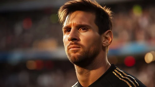 Stadium dusk crowns a focused footballer in amber light