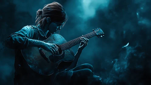 Moody digital portrait of lone girl playing acoustic guitar.