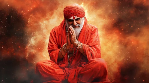 Seated elderly holy man in orange robes against nebula field.