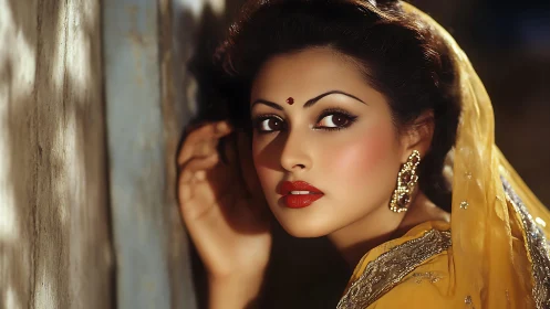 Regal woman in golden sari under dramatic side lighting.