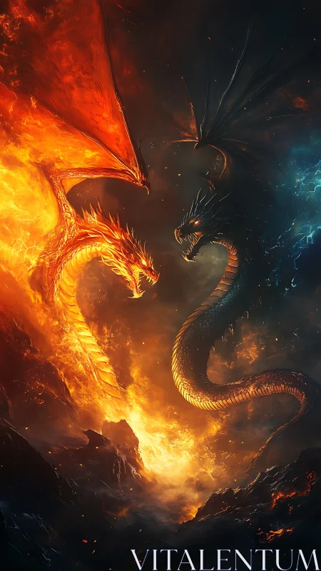 Two elemental dragons confront each other in volcanic chasm