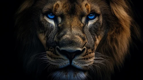 Lion portrait glows with intense blue, luminous eyes.