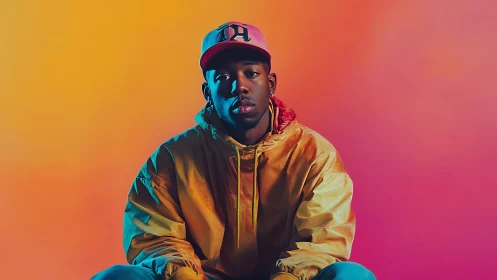 Urban portrait in saturated duotone gradient studio light.