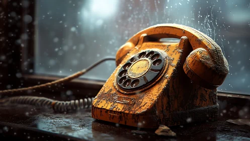 Weathered rotary phone waits quietly by a snowy window