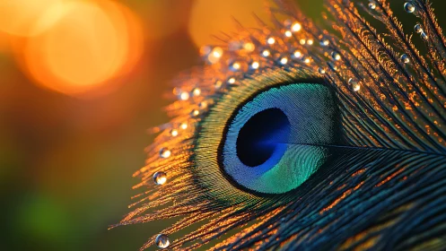 Macro study of peacock feather eye pattern with droplets.