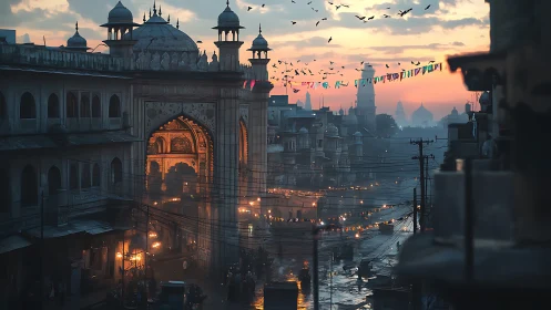 Evening lights over an old city gate at dusky sunset streets.