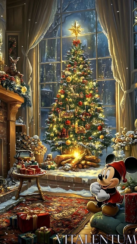 Cozy Christmas hearth where a small mouse meets winter magic.