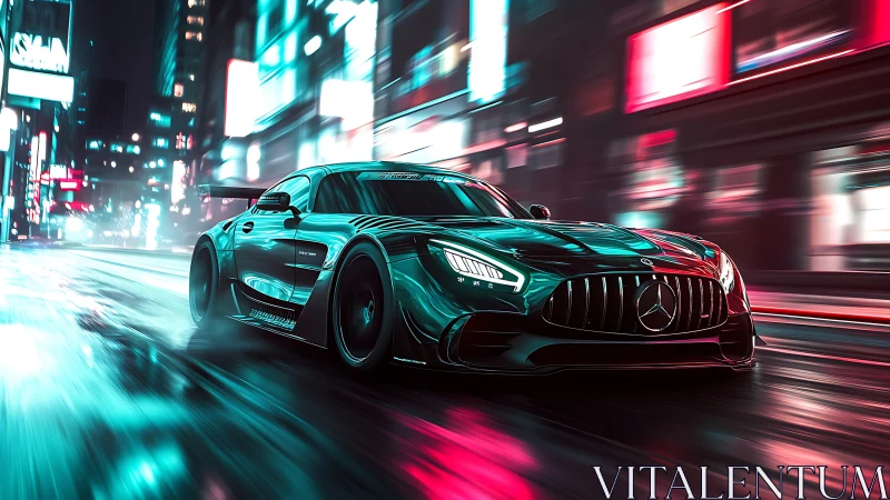 Midnight teal supercar racing through neon city streets.