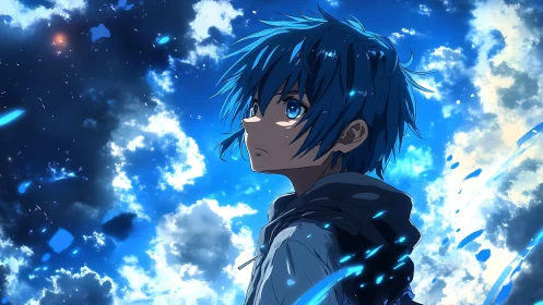 Celestial blue-haired anime protagonist under luminous skyscape.