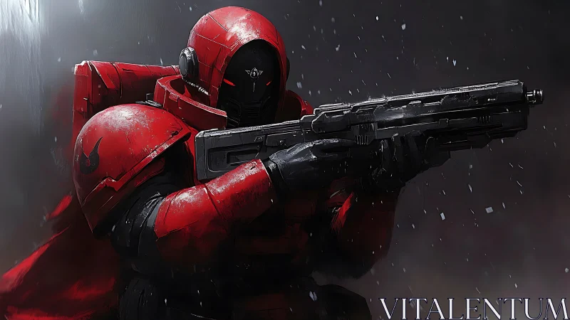 Armored red sci-fi soldier aims rifle under cinematic rain