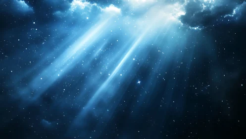 Blue volumetric light rays extend through dense star field