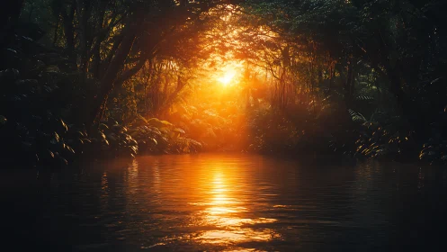 Backlit tropical river at golden hour with volumetric haze