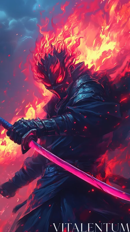 Flaming sword warrior in dark armor stands amid blazing fire.