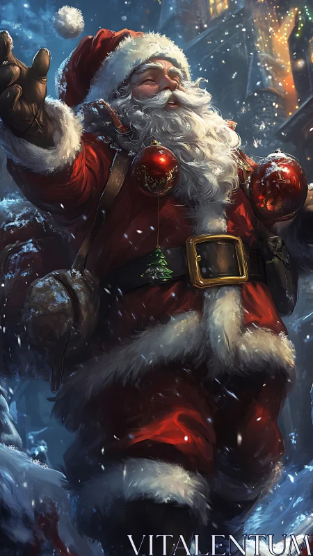 Joyful Santa Claus strides through a snowy festive street.