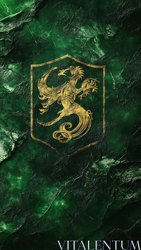 Golden heraldic dragon emblem over textured green stone