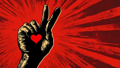 Peace hand sign radiates bold love on blazing red backdrop.