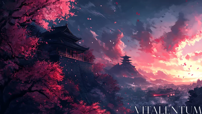 Twilight pagoda skyline under luminous sakura storm clouds.