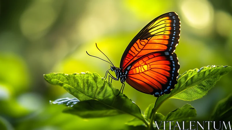 Orange butterfly rests on green leaves in soft backlight