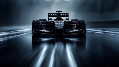 Sleek black Formula race car charges through a moody tunnel