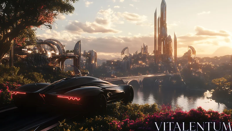 Futuristic black supercar overlooking luminous utopia skyline.