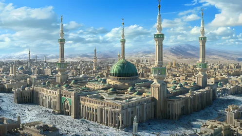 Grand mosque complex dominates desert city panorama