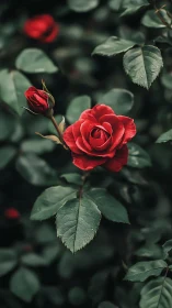 Red Rose with Dew Drops Against Dark Green Foliage.