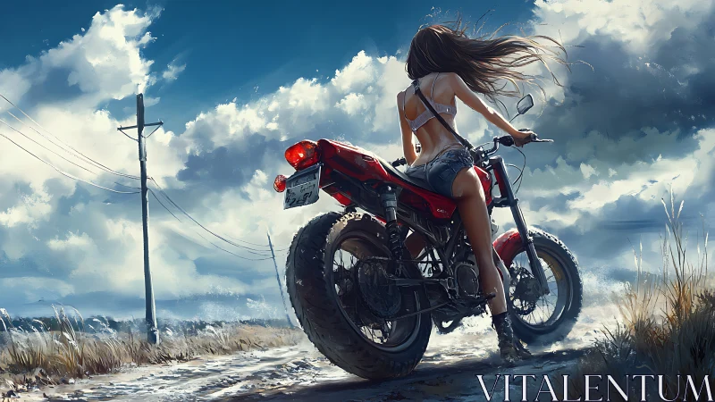 Motorcycle rider on rural dirt road under clouded sky.