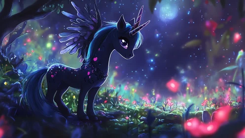 Winged unicorn stands in luminous forest under night sky
