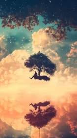 Surreal sky tree swing with mirrored sunset reflection.