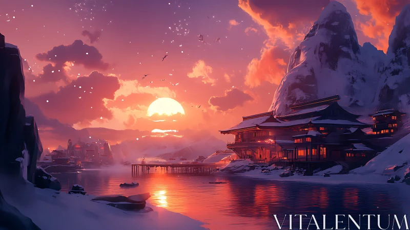 Luminous arctic sunset over tiered pagoda harbor complex.