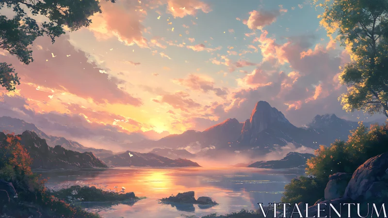 Sunlit alpine lake with volumetric clouds and layered mountains