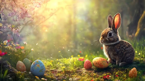 Young rabbit among painted Easter eggs in spring forest.