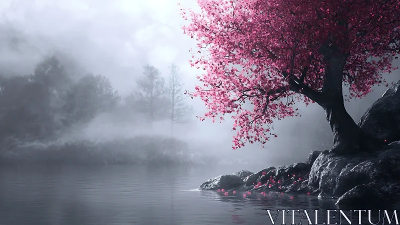 Radiant cherry canopy over mist-laden lacustrine outcrop.