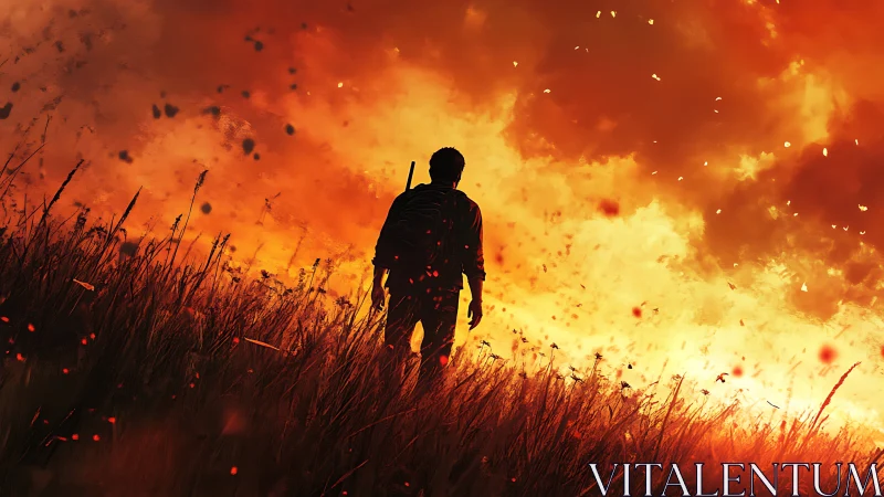Lone wanderer crosses burning field under blazing sky.