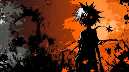 Silhouetted anime figure stands amid high-contrast splatter field
