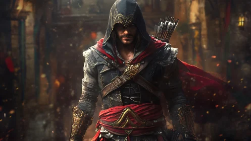 Hooded assassin strides through ember-lit city streets at dusk