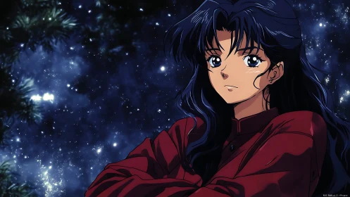 Starry night anime portrait with deep blue contrast lighting.