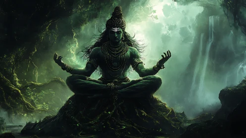 Mythic figure in meditative pose within dense forest scene.