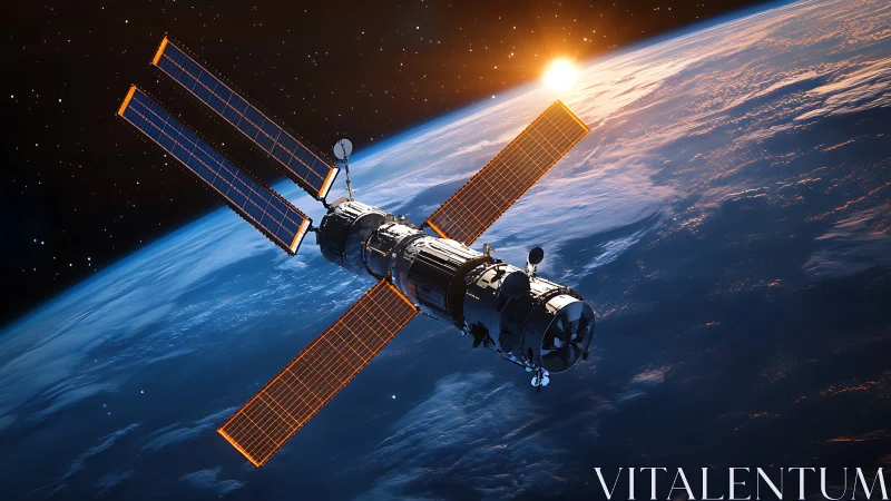 Orbital satellite tracks sunrise over illuminated Earth.