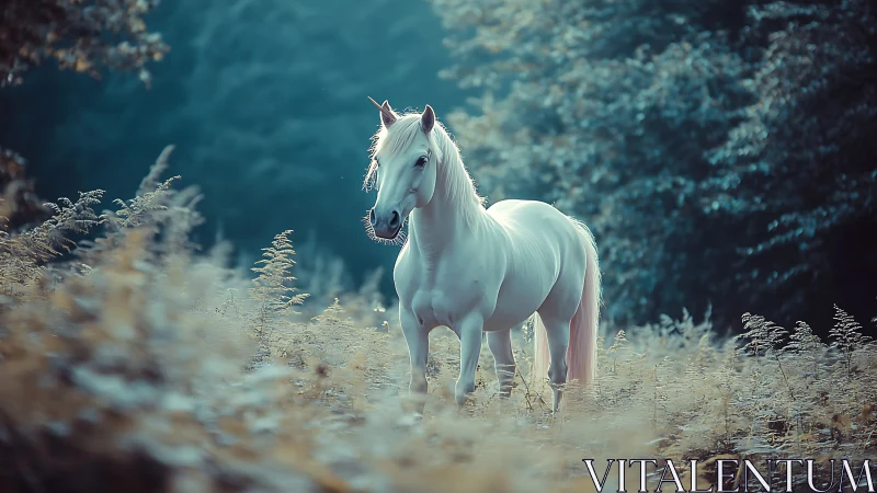 Moonlit meadow stallion pausing in frosted daydream hush.