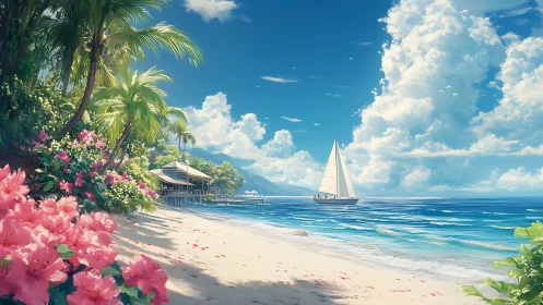 Tropical Coastal Scene with Sailboat: Digital Rendering of Beachfront Sanctuary