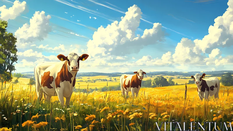 Digital pastoral landscape with cows in luminous meadow light.