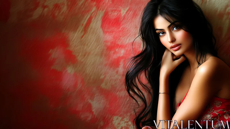 Soft gaze rests against a vivid red and gold backdrop